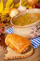 Pea soup (Polish Grochowka) with smoked meat chicken breast