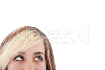 Close-up portrait of a beautiful teenager. Looking up into the c