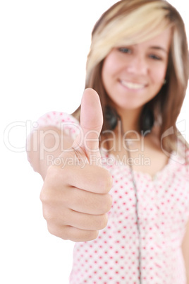 Isolated portrait of beautiful young success woman giving thumbs