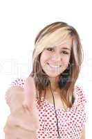 Smiling beautiful woman with thumbs up. Focus on the girl