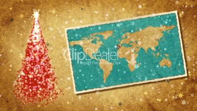 Christmas tree and map of World on the postcard.Retro style.