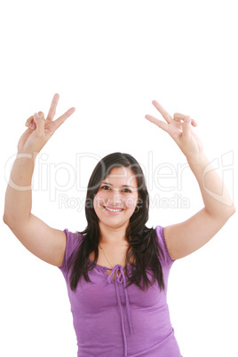 beautiful smiling woman making victory sign with both of her han