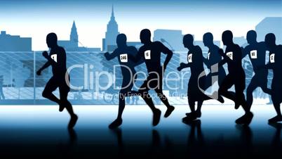 Runners-silhouettes. Marathon through the city.