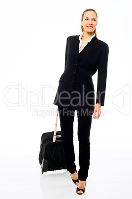 Young businesswoman with trolley on white background studio