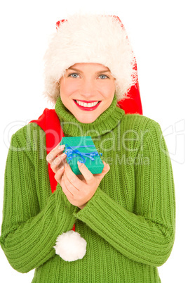 woman with gift and Santa Hat