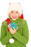 woman with gift and Santa Hat