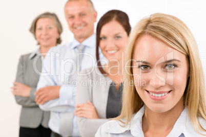 Business team happy standing in line portrait