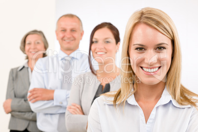 Business team happy standing in line portrait