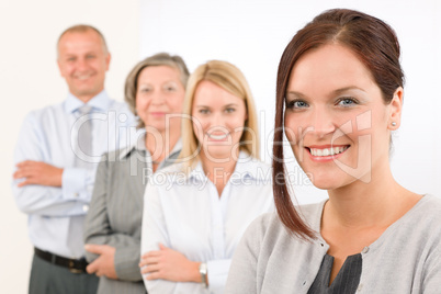 Business team happy standing in line portrait