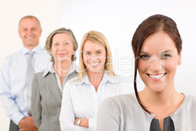 Business team happy standing in line portrait