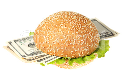 Hamburger with money on the white