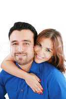 couple portrait smiling with a white background