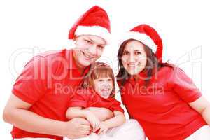 Happiness family in christmas hat isolated on white