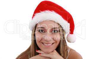 Happy christmas santa woman smiling. Beautiful face of happy wom