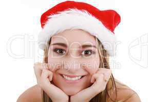 Picture of pretty christmas girl in santa hat, smiling isolated