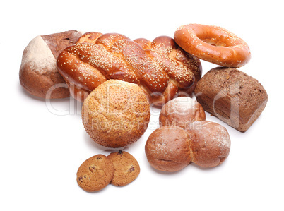 assortment of baked bread isolated on white
