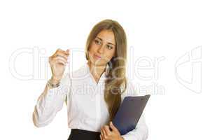 Young businesswoman writing with pen