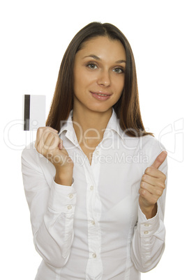 Young businesswoman holding credit card