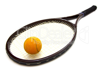 A tennis ball and racket on a white background