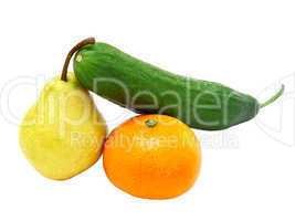 cucumber with a tangerine and a pear