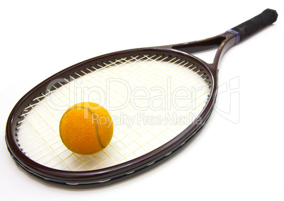 A tennis ball and racket on a white background