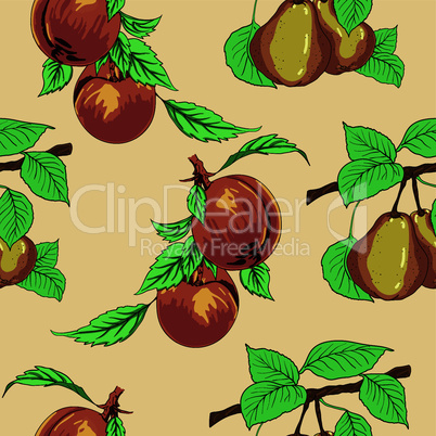 Seamless wallpaper with peaches and pears.