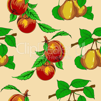 Seamless wallpaper with peaches and pears.