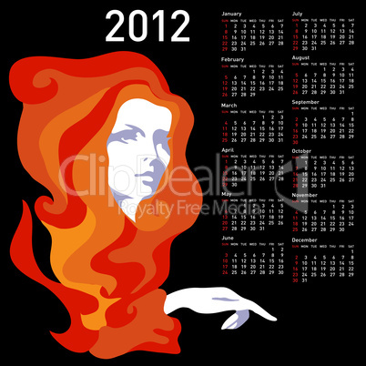 Stylish calendar with woman  for 2012. Week starts on Sunday.