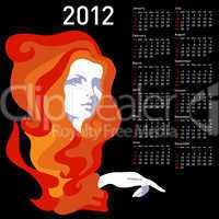 Stylish calendar with woman  for 2012. Week starts on Sunday.