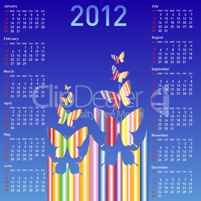Stylish calendar with  butterflies for 2012. Week starts on Sund