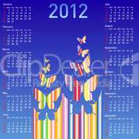Stylish calendar with  butterflies for 2012. Week starts on Sund