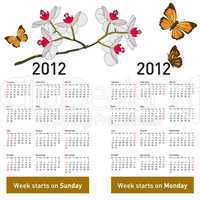 Stylish calendar with flowers and butterflies for 2012. Week sta