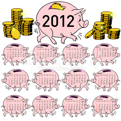 Stylish calendar  Pig piggy bank for 2012.