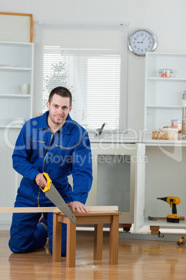 Portrait of a smiling handyman cutting a wooden board