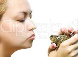 woman kissing a toad