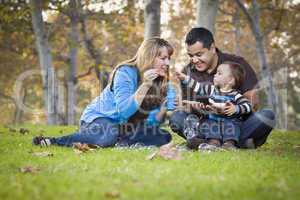 Happy Mixed Race Ethnic Family Playing with Bubbles In The Park
