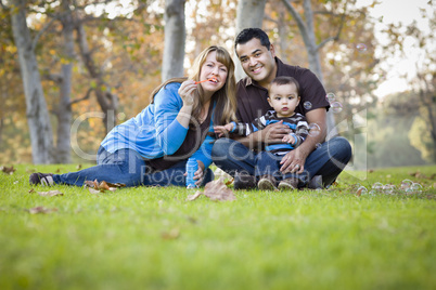 Happy Mixed Race Ethnic Family Playing with Bubbles In The Park