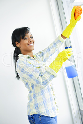 Smiling woman cleaning windows