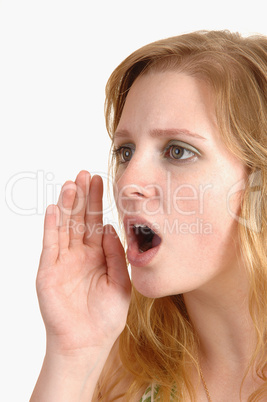 A young blond woman shouting.