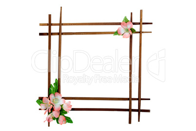 Decorative wooden frame decorated with flowers, isolated on whit