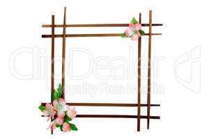 Decorative wooden frame decorated with flowers, isolated on whit