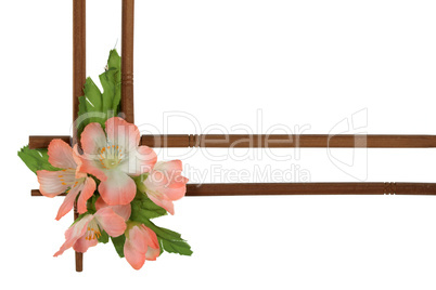 Decorative wooden frame with flowers, isolated on white backgrou