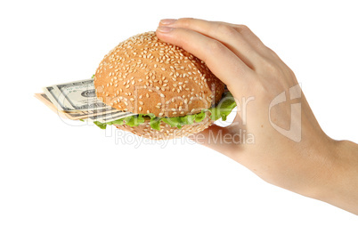 Hamburger with money in hand