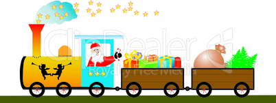 Fröhlicher Nikolaus im Zug mit Weihnachtsbaum und Geschenken Vec