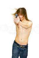 a young man aiming a gun