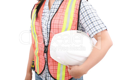 Engineer woman holding an helmet, isolated over white