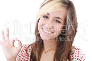bright picture of lovely teenage girl showing ok sign