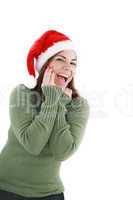 surprised christmas woman wearing a santa hat smiling isolated o
