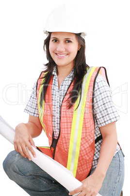 Young woman engineers and architects isolated over white