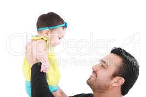 Baby and father are playing. The baby 8 month old. Isolated on a